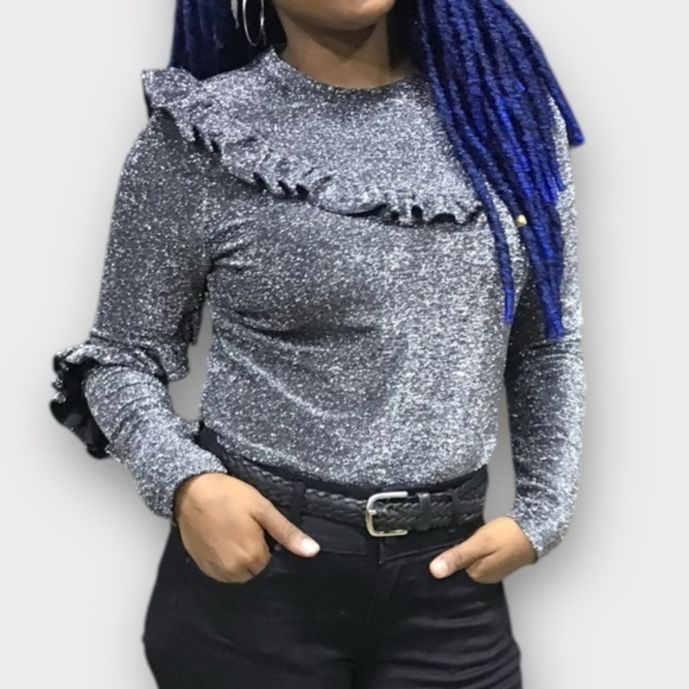 Trouvé Silver & Black Glitter Long Sleeve Ruffle Stretch Knit Top Size Medium
